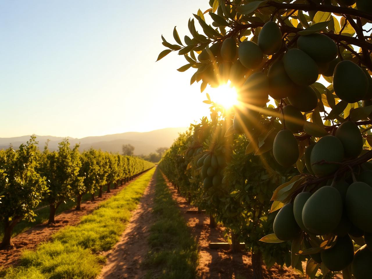 Avocado orchard in Morocco at golden hour
