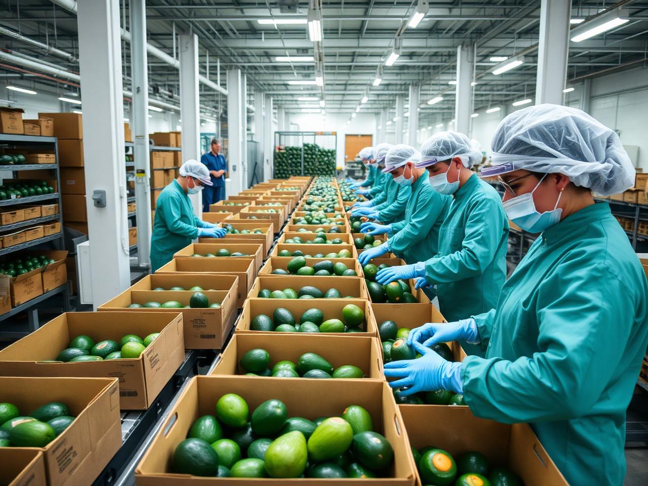 Workers inspecting and packing avocados into export boxes